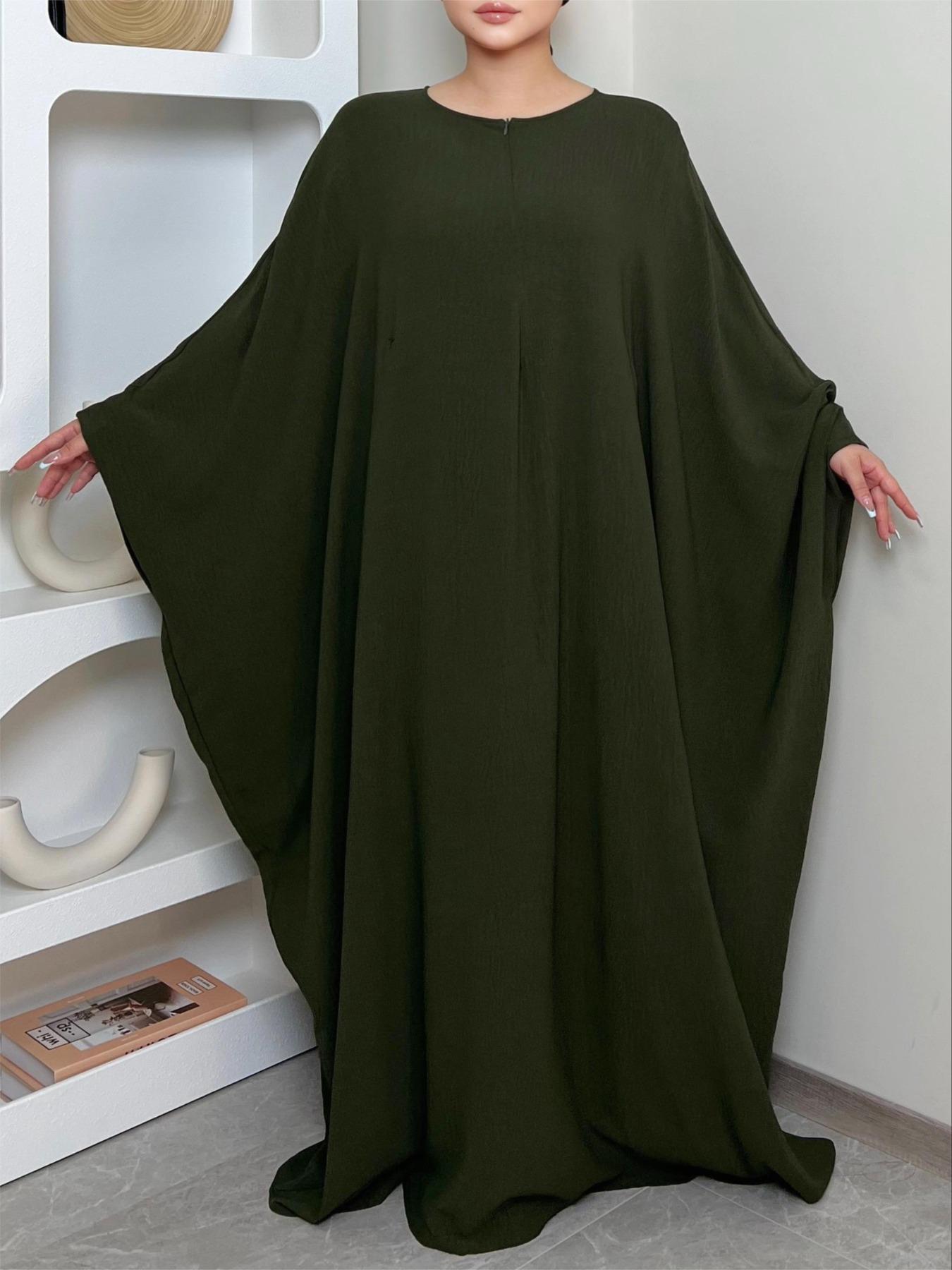 Women's Solid Color Zipper Front Batwing Sleeve Abaya & Hijab Two-Piece Set, Modest Long Sleeve Round Neck Maxi Abaya & Hijab, Women's Islamic Clothing for All Seasons, Abaya Dress Set