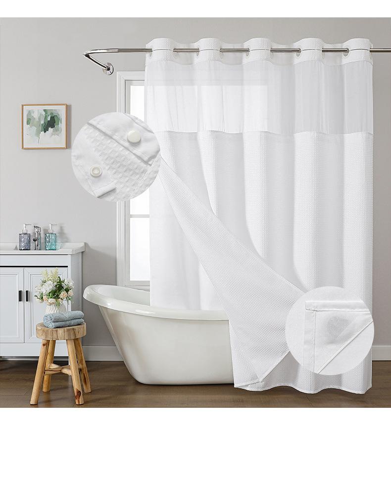 Waffle No Hook Double Layer Solid Color Shower Curtain with Sheer Waterproof Polyester Bath Curtain Detachable Suitable for Hotel Bathroom Partition