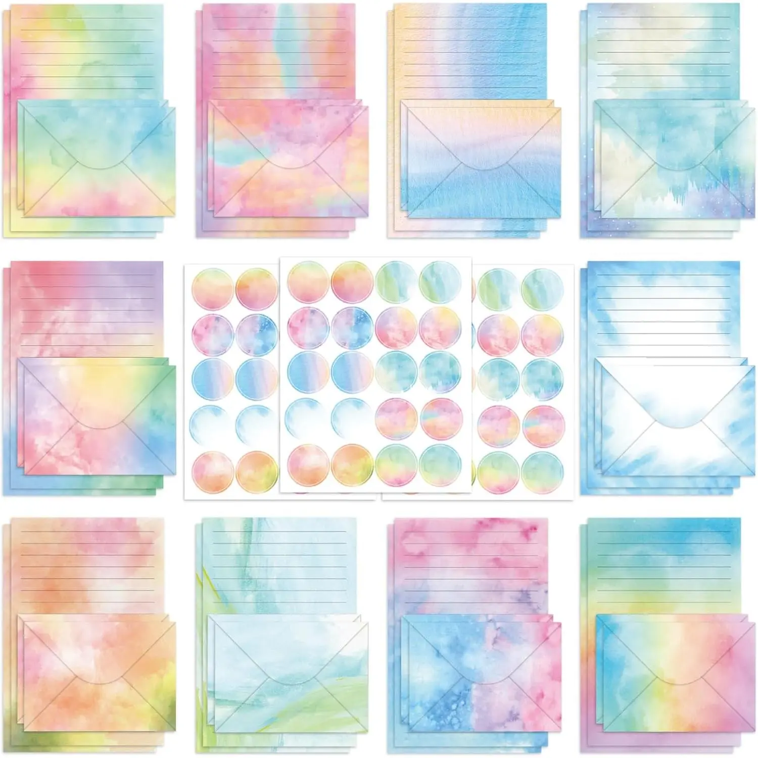 160 count Watercolor Stationery Paper and Envelopes Set in 10 Different Designs, 50  Sided Stationery Lined Writing Papers with 50 Matching Envelopes and 60 Dot Stickers for Writing Letters