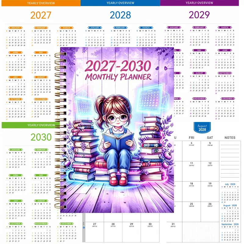 2027-2030 Monthly Calendar - From January 2027 to December 2030, 4-year monthly calendar, book-loving women's themed cover design diary, annual calendar planner, yearly planner, month labels, 13.97 x 21.08 cm flexible cover, Calendars Planners