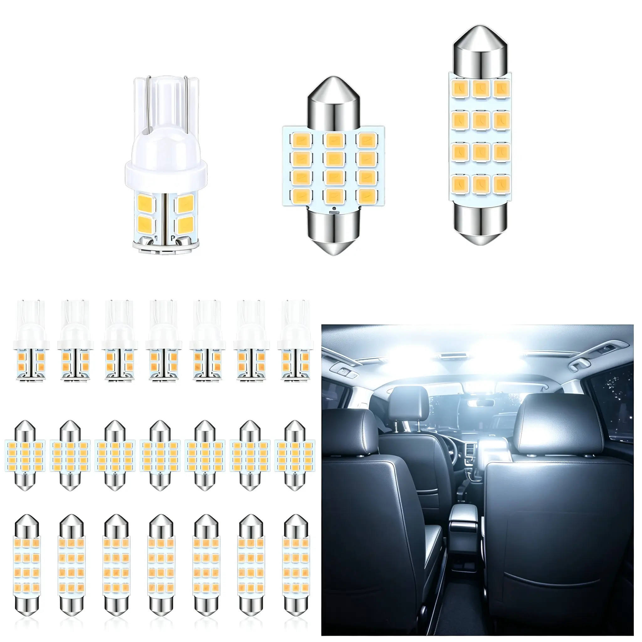 LED Dome Light Kit - 24 Pieces, DC12V, T10/W5W/Festoon Bulbs, Plug-and-Play, 50,000-Hour Lifespan, Ideal for Car Interior Lighting & Party Decorations
