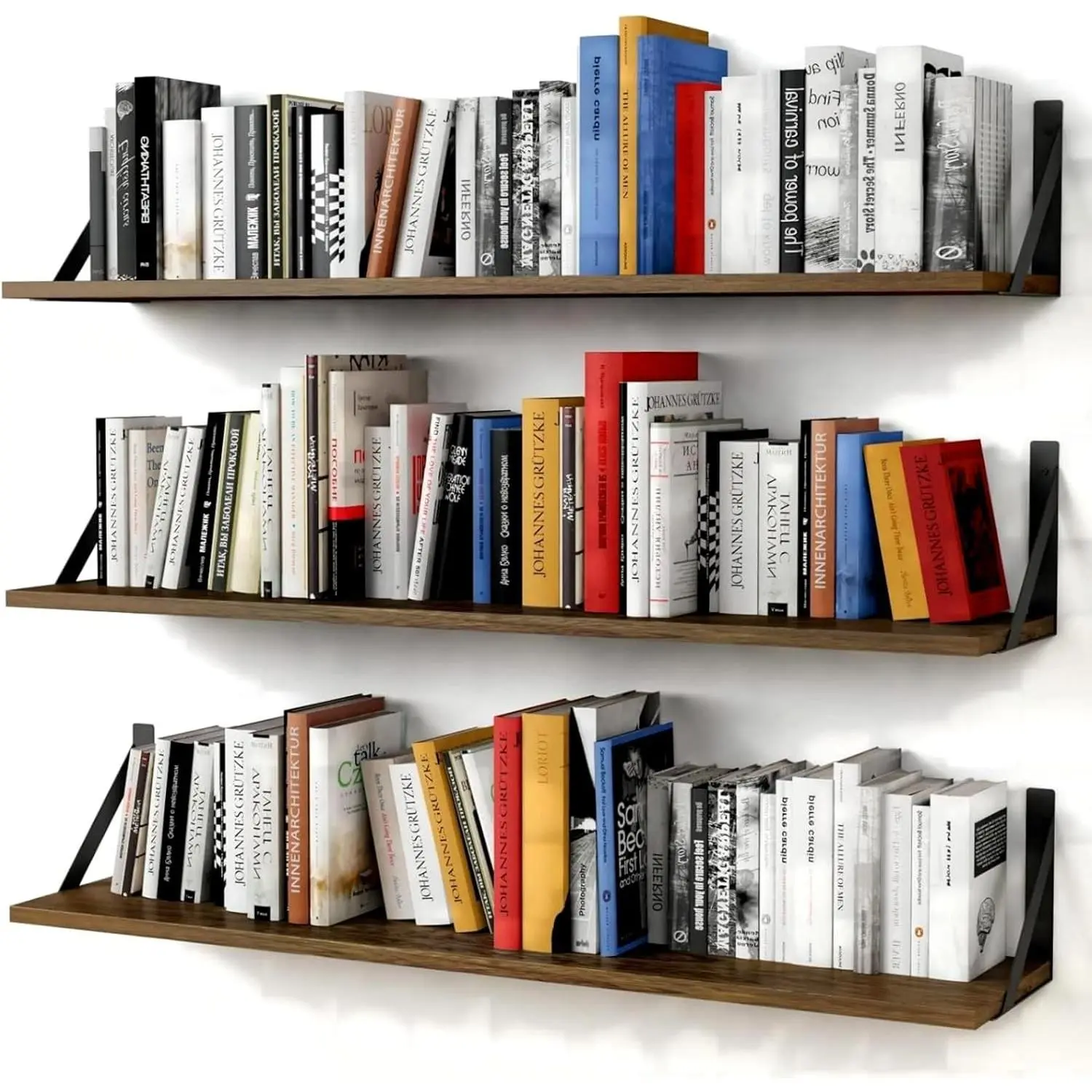 Floating Book Shelves for Wall Set of 3, 36 Inches Long Wall Bookshelf for Bedroom, Large Wood Heavy Duty Hanging Bookshelves for Books, Living Room Decor, Closet Storage (Rustic Brown)