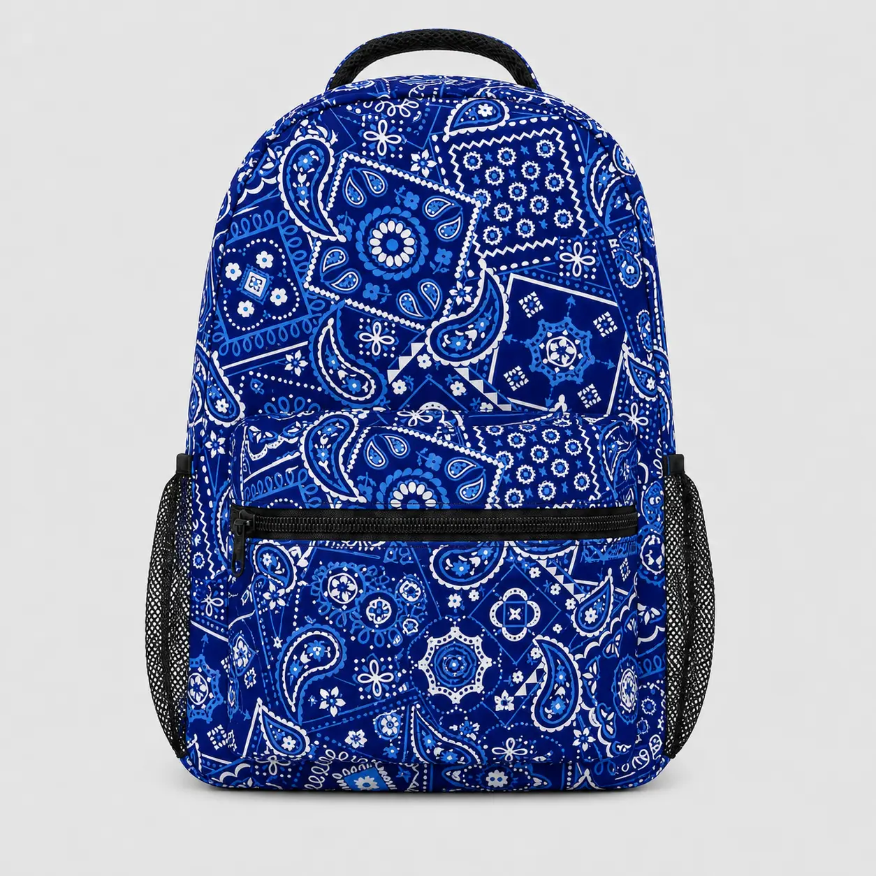 Blue Paisley Print Backpack, Bandana Inspired Fashion Daypack with Front Zipper Pocket, Dual Mesh Side Pockets, Top Handle and Adjustable Shoulder Straps for School, Work, Travel and Everyday Carry