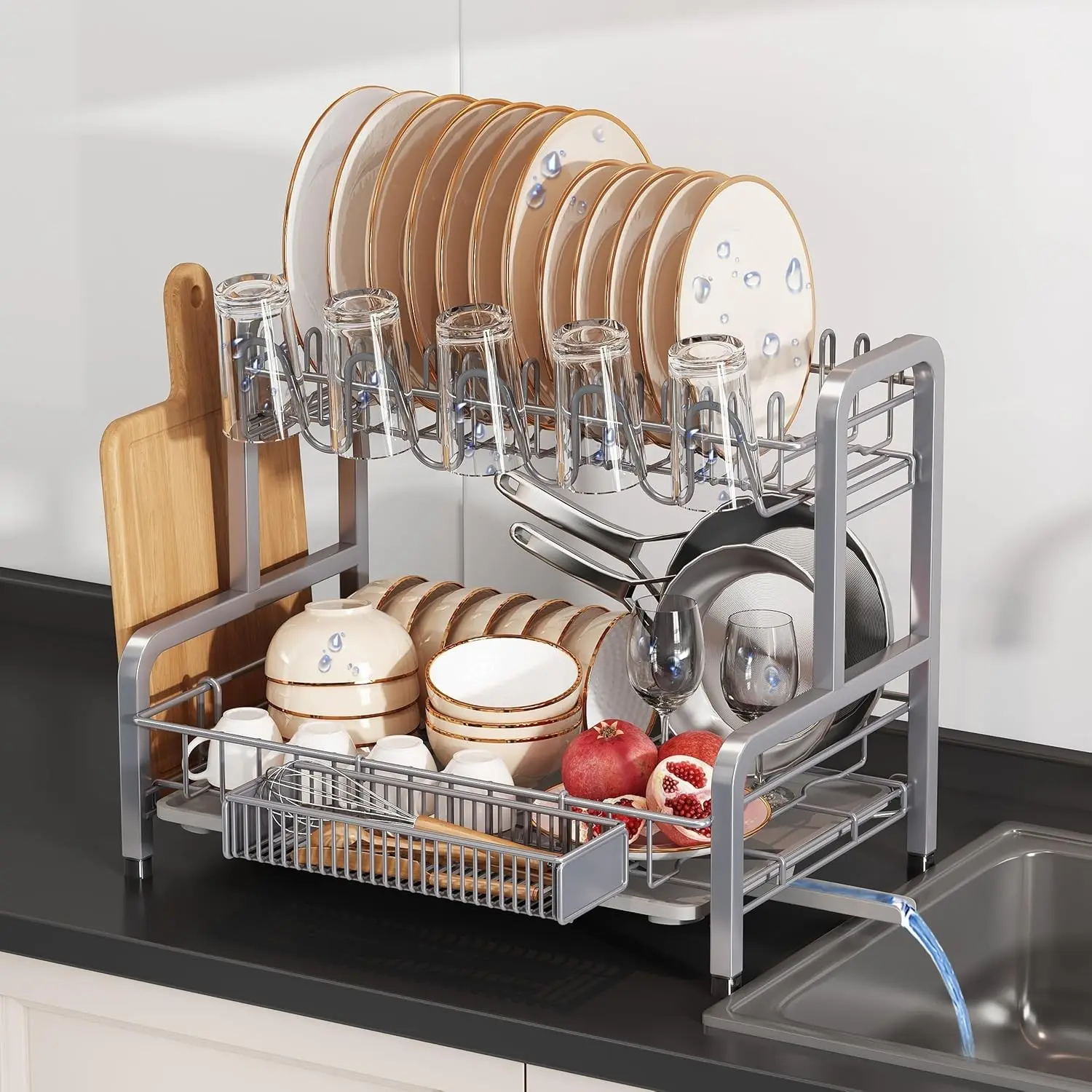 2 Tier Dish Drainer Drying Rack for Kitchen Counter, Large Stainless Steel Dish Dryer with Drainboard, Big Rustproof Metal Space Saving Countertop Plate Strainer with Utensil Holder, Sliver