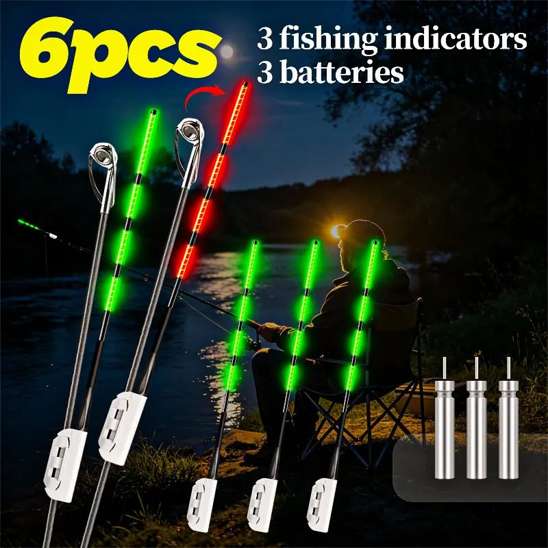 6-Piece Fishing Signal Indicator Set, Night Vision Rod Tip Light, Flashing Color-Changing Fish Hook Alert, Includes 3 Indicators & 3 Batteries