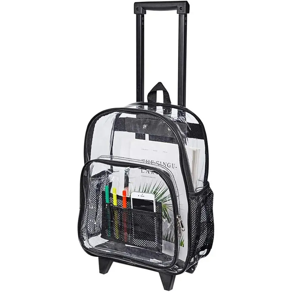 Rolling Clear Backpack, Heavy Duty See Through Bookbag, Transparent PVC Cold-resistant Backpack with Wheels (Black)