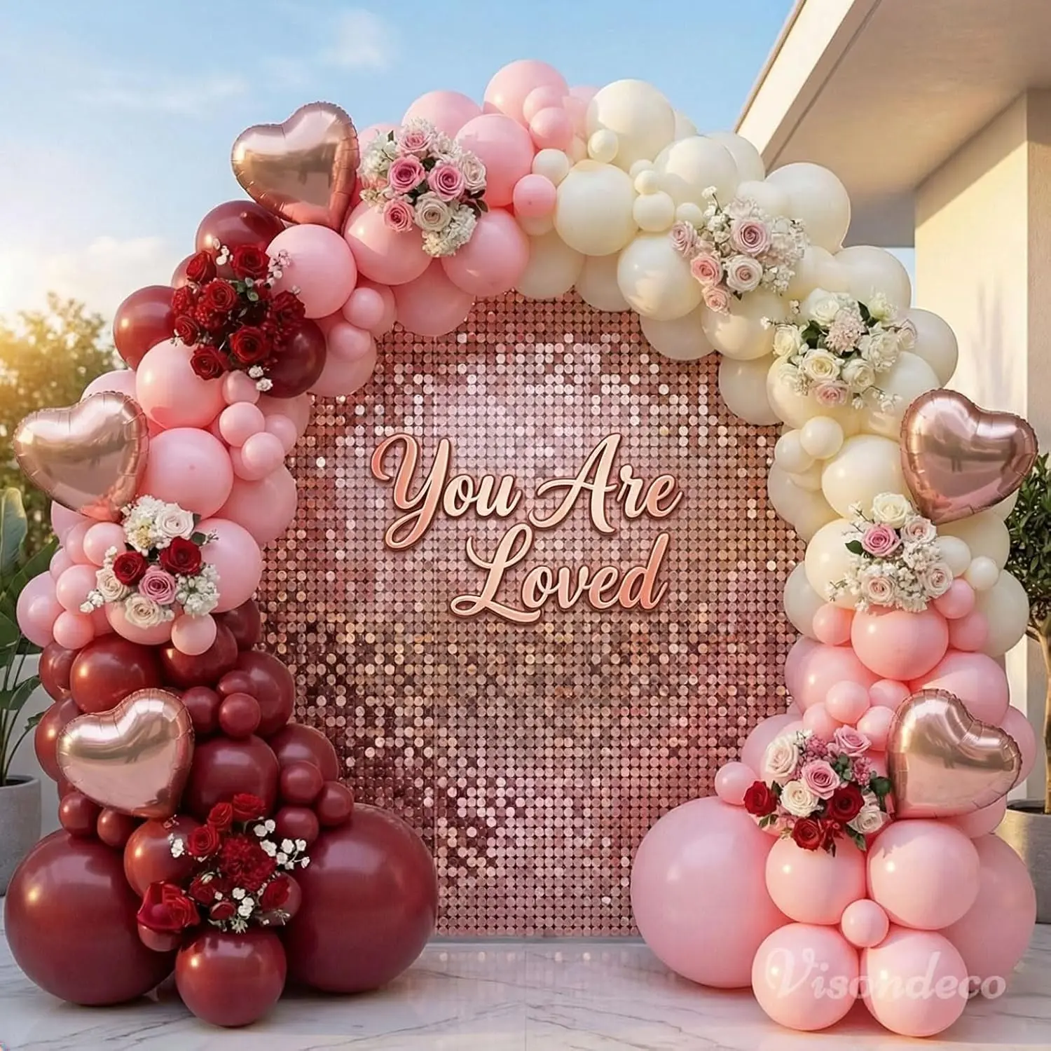 131-Piece Burgundy Red, Pink Balloon Arch Kit with Ivory, Rose Gold Heart Foil Balloons for Valentine’s Day, Birthday Decorations Backdrop