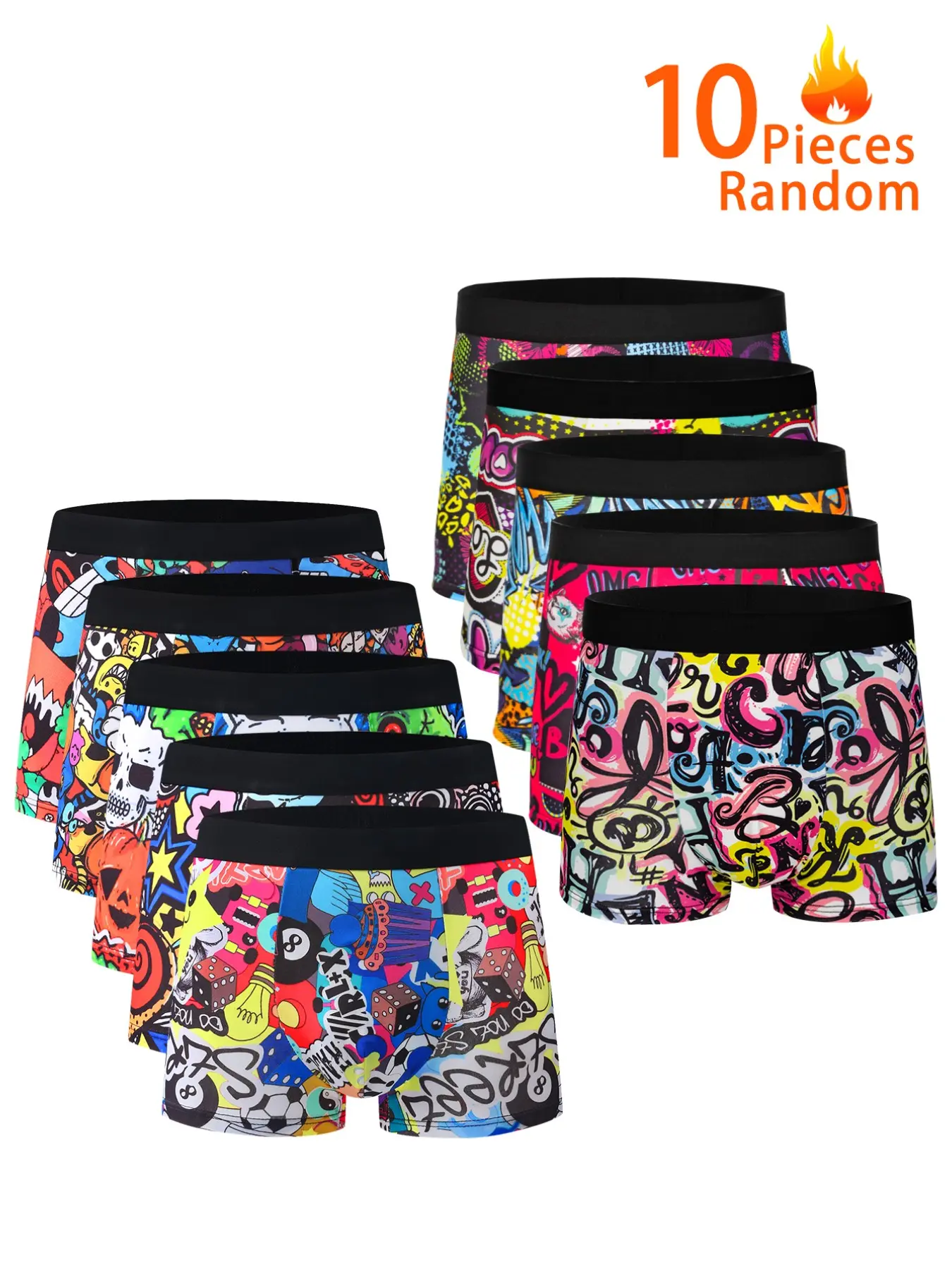 10-Pack Multicolor Trendy Graffiti Men's Boxer Briefs, High Elasticity Comfortable Mid-Waist, Casual Geometric Pattern Trunks