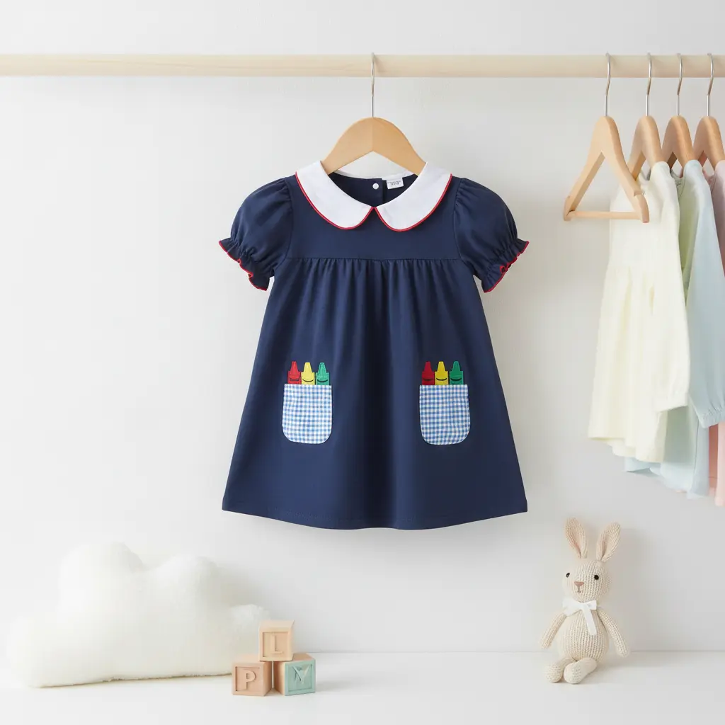 Kid Girls Back to School Dress Summer Crayon Embroidery Plaid Pockets Doll Collar Short Sleeve A-line Dress Kids Summer Casual Dress