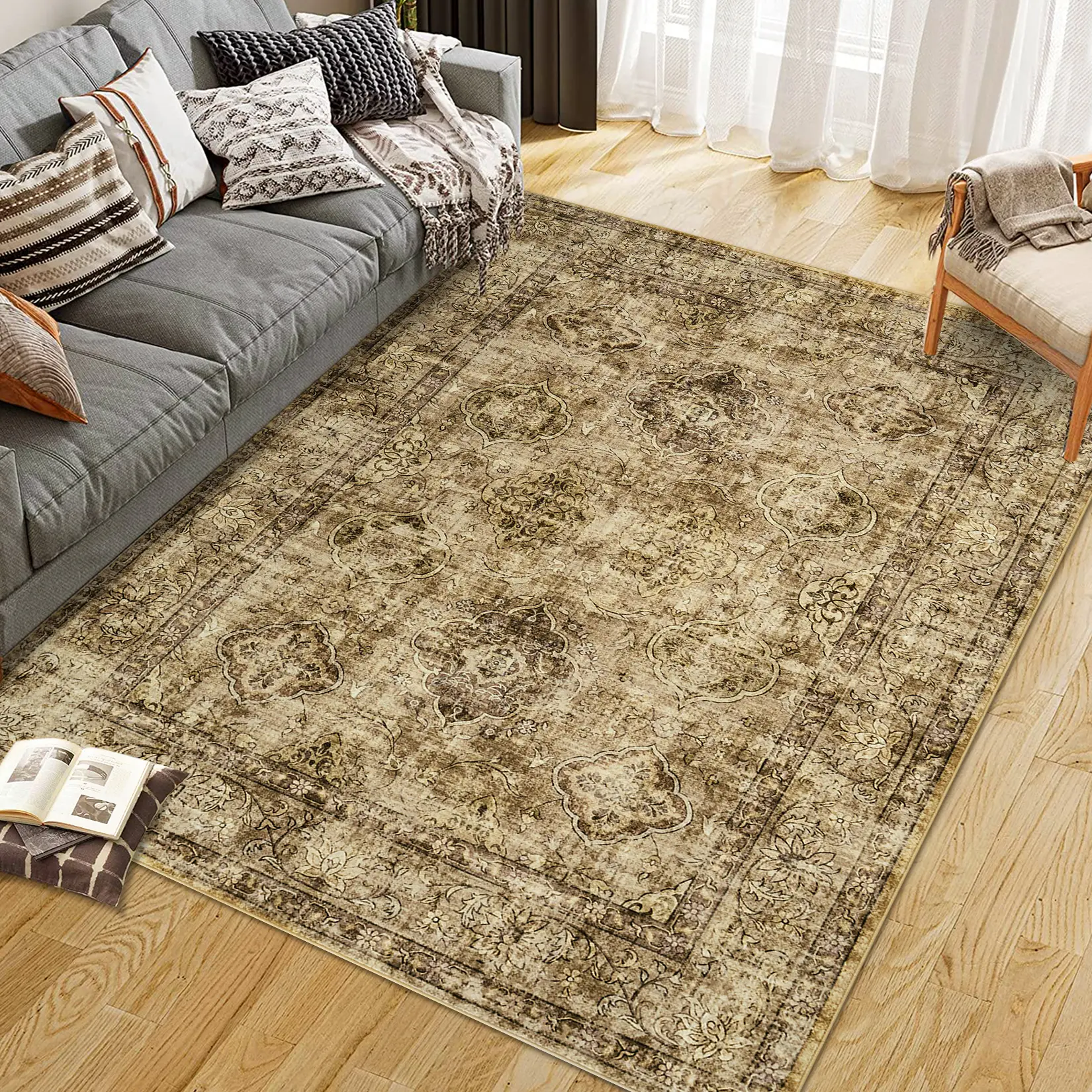 Symmetrical Distressed Vintage Area Rug, Machine Washable Non-Slip Pebble Velvet Rug, Pet Friendly Carpet for Living Room, Bedroom, Home
