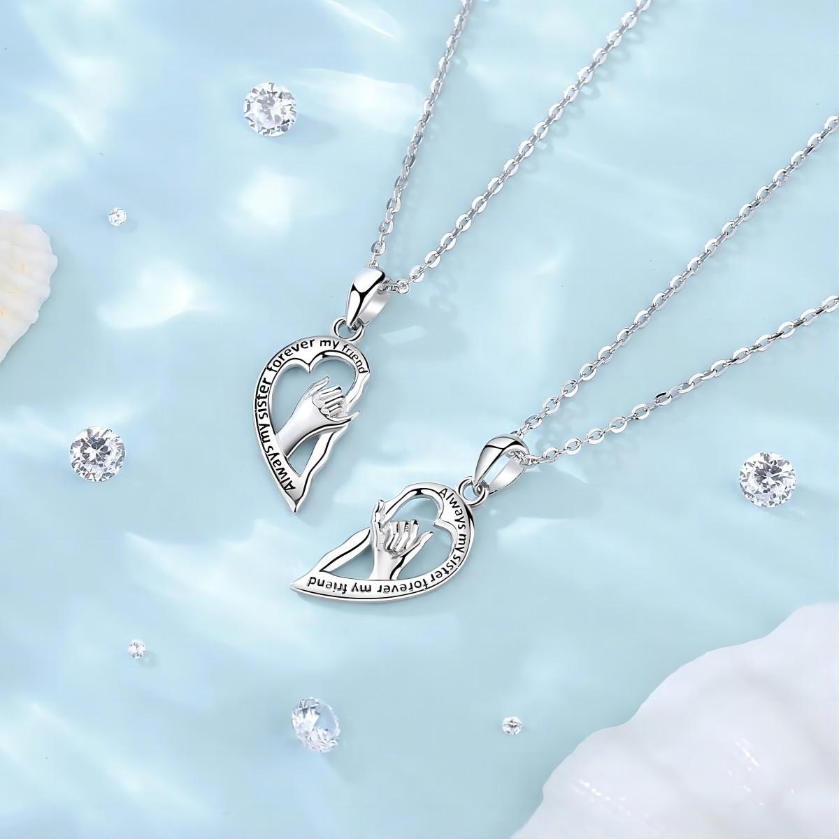 Split Heart Friendship Necklaces, Hand-in-Hand Together Forever Pendant, 2Pcs Silver Finish BFF Jewelry Set, Minimalist Bestie Matching Necklaces