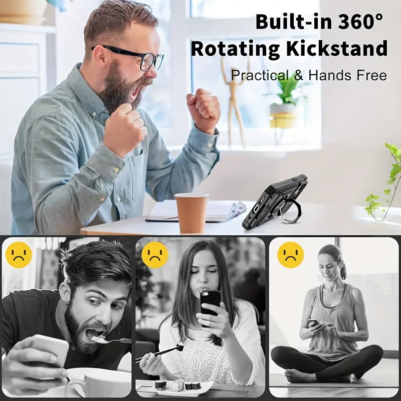 Heavy-Duty Shockproof Hard Case for iPhone 13 14 15 16 E 17 Pro Max Plus, Hidden Dual Card Slot Design with Rotating Metal Stand, Card Holder Protective Cover