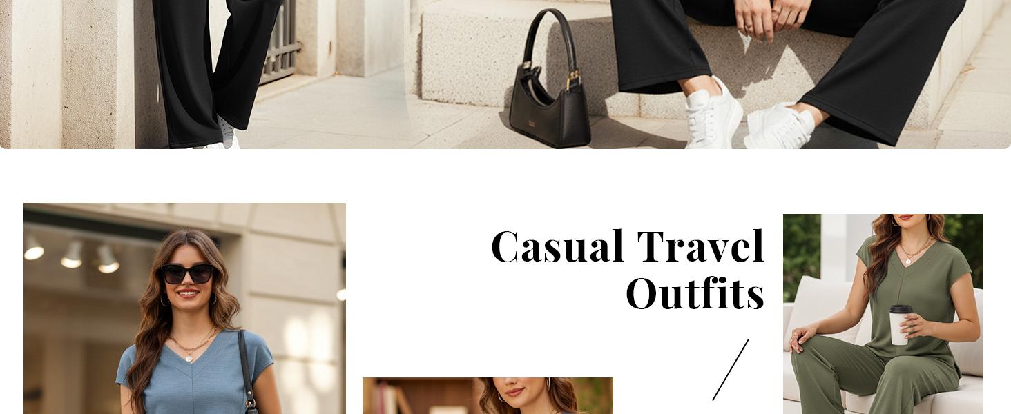 Casly Lamiit 2 Piece Outfits for Women Summer Casual V Neck Cap Sleeve Top & Wide Leg Pant Set Travel Lounge Clothes Soft Fabric Multiple Colors