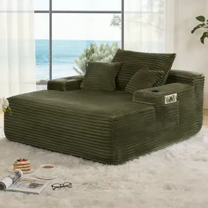 65" Oversized Chaise Lounge Sofa Chair Indoor, Modern Corduroy Single Sleeper Couch Chair with 3 Soft Pillows＆Cup Holder, Boneless Cloud Couch Single Seat Sofa Bed for Living Room Office (Green)