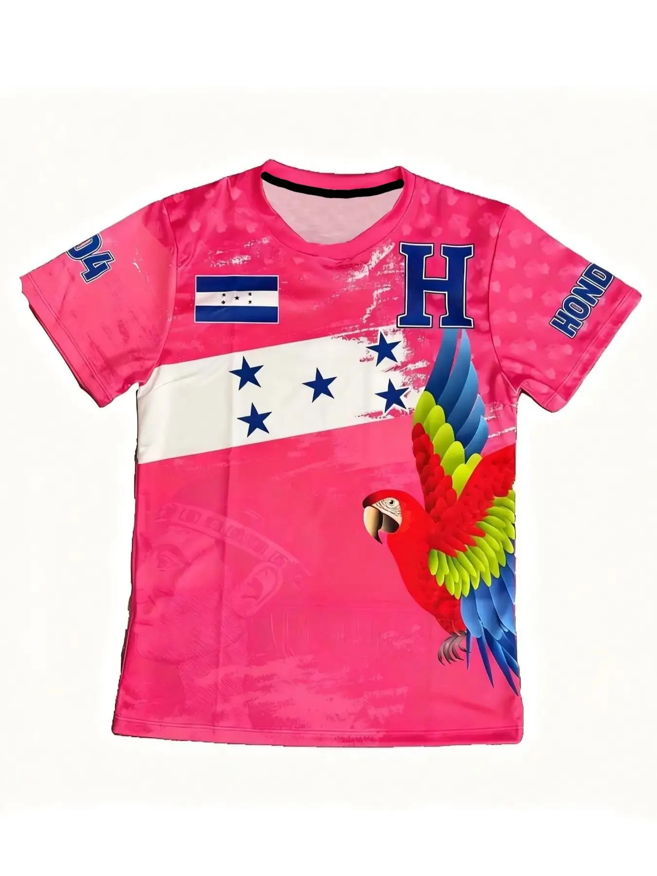 Honduran Style Short Sleeve T-Shirt, Parrot Print, Unisex Casual Round Neck Top, Breathable Summer Sports Shirt, Flag Design, Breathable Workout Top