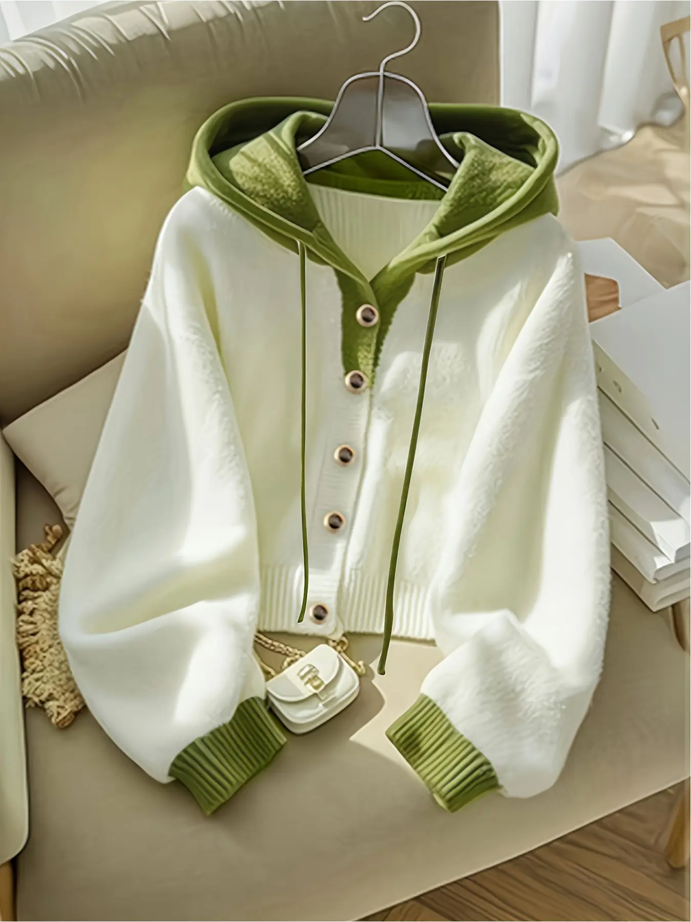 Color Block Hooded Cardigan, Lantern Sleeve Casual Elegant Button-Up Sweater Cardigan, Spring/Autumn Fashion Women's Sweater