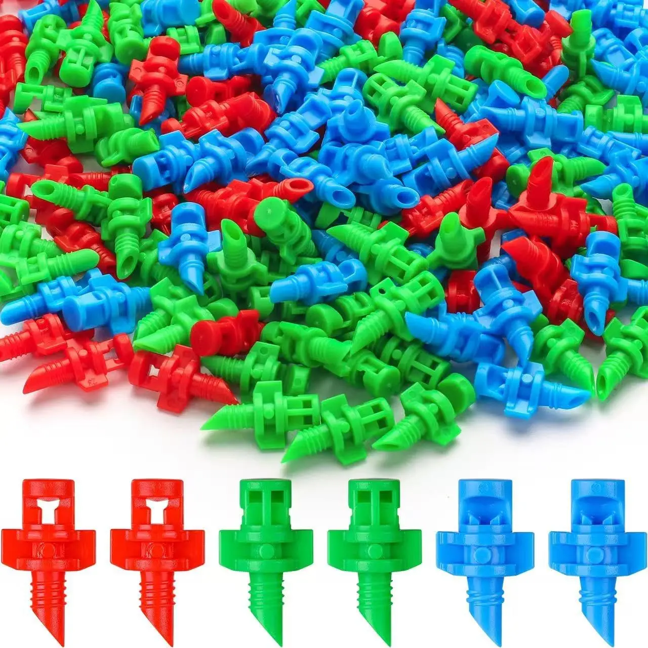 210 count Irrigation Drip Emitters, 3 Color Heads Irrigation Misting Sprinkler, Safycaby Drip Irrigation Emitters Applicable for Lawn Water Irrigation System(90/180/360 Degrees)