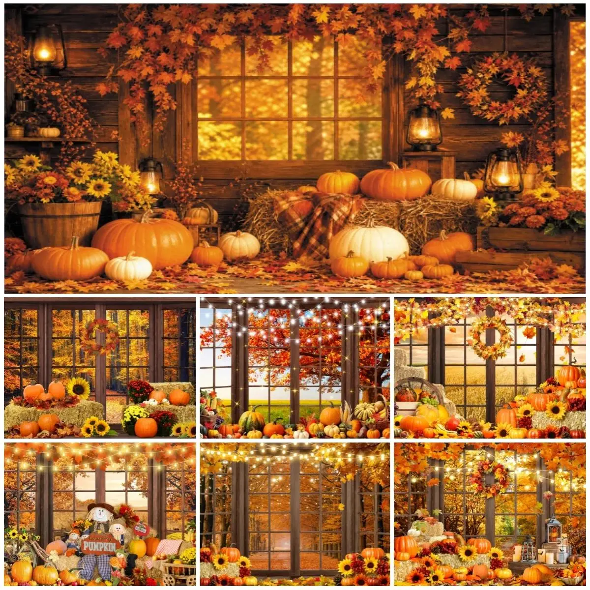 Fall Warm Orange Backdrop Pumpkin Window Baby Shower Forest Harvest Maple Thanksgiving Family Party Decoration Photo Studio