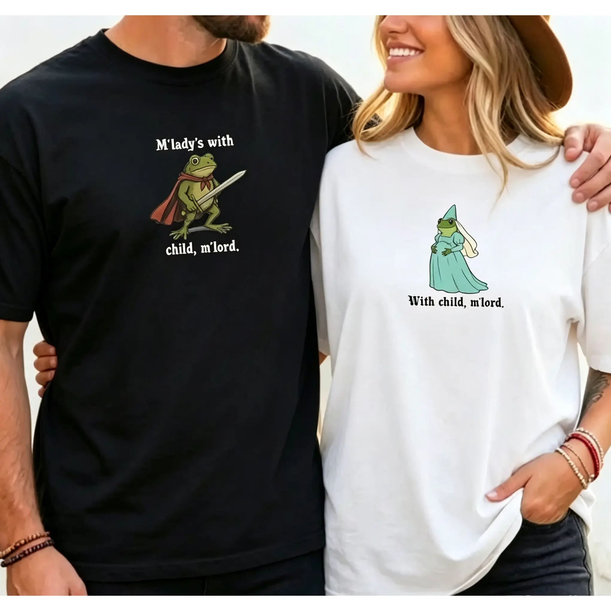 Funny Frog Motif Tshirt for Parents-To-Be, 'M'lord & M'lady's with Child' Pregnancy Theme Announcement Shirts, 100% Cotton Printed Graphic