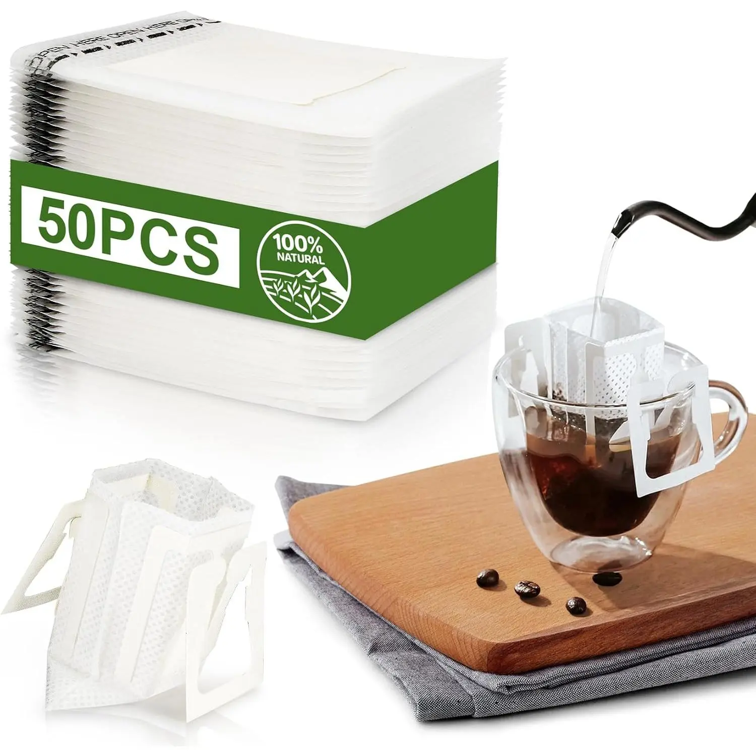 50 count Portable Coffee Filter Paper Bags, Ear Drip Coffee Bag | Single serve disposable pour over, -grade paper, clean taste, for camping, backpacking, travel, office, ,  the go