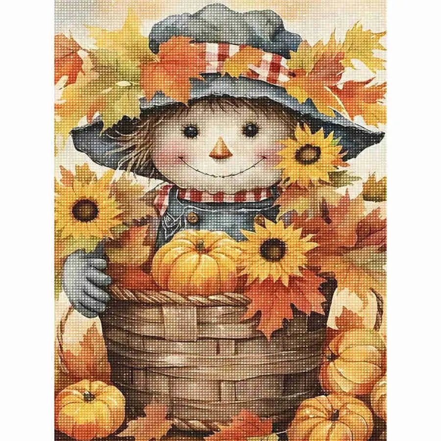 5D DIY Diamond Painting Kit Cute Scarecrow Pumpkin Sunflower Autumn Harvest Art Full Round & Square Drill Rhinestone Mosaic Cross Stitch Craft Handmade Wall Art Home Decor Gift for Living Room Bedroom