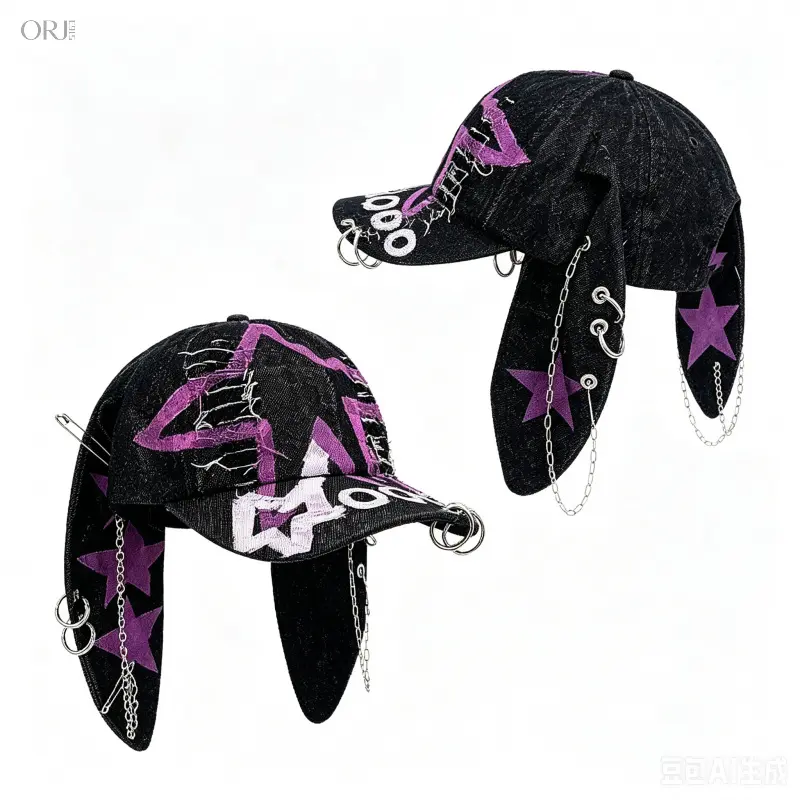 Y2K Wasteland Style Denim Baseball Cap With Bunny Ears, Distressed Ripped Curved Brim Hat, Dark Punk Spicy Girl Street Headwear, Trendy Fashion Visor Cap For Daily Outfit & Street Photoshoot