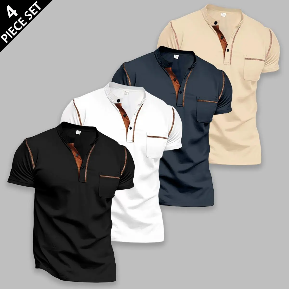 Menswear 4-Piece Slim Fit Short-Sleeve Henry Polo Shirts - Button Placket, Contrasting Stitching, Chest Pocket, Breathable Lightweight Polyester Plain Tops, Machine Washable for Commuting, Leisure, 4-Piece Set 1, Shortsleeve