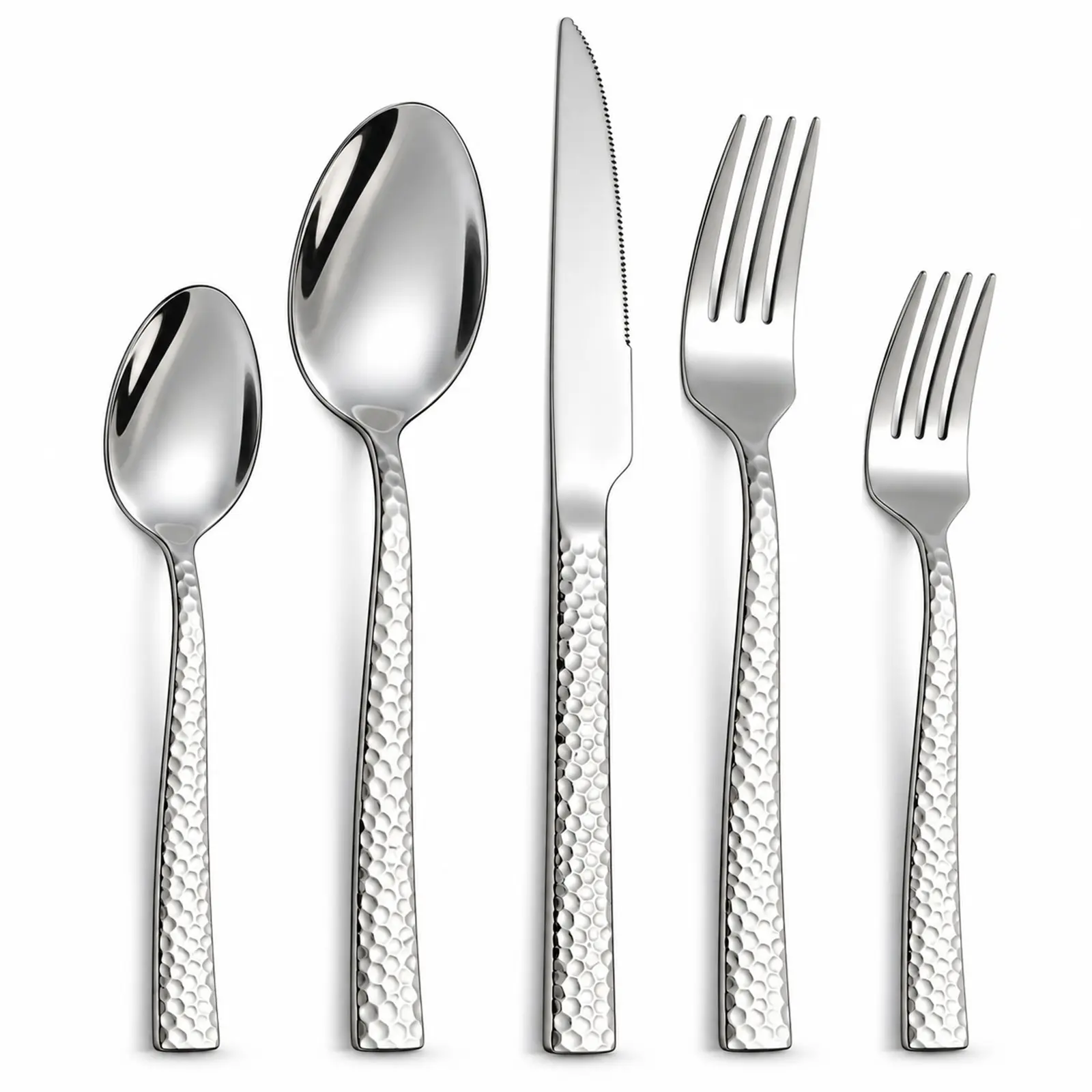 30-Piece Hammered Stainless Steel Flatware Set for 6, Mirror Polished Silverware, Textured Handles, Includes Dinner Forks, Salad Forks, Knives, Tablespoons, Teaspoons