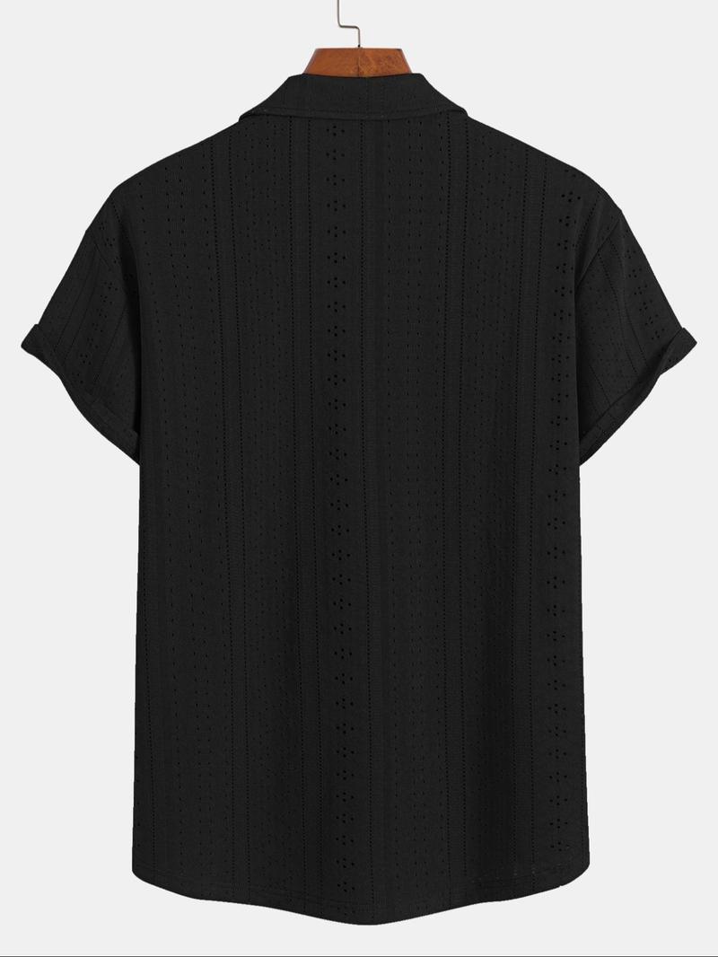 Men's Plain Hollow Out Short Sleeve Button Down Shirt, Regular Fit Casual Solid Shirt Collared Top for Summer, Fashion Men's Clothes for Daily Wear, Menswear, Casual Everyday Wear, Casual Trendy Shirt