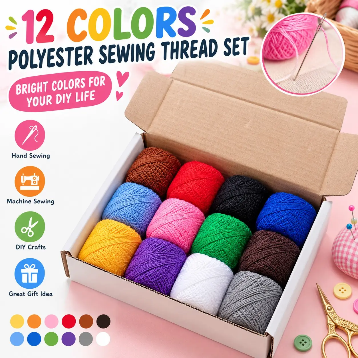 12 Color Polyester Sewing Thread Set, DIY Craft Embroidery Kit, Handmade Machine Thread Bundle, Perfect for Crafting Projects