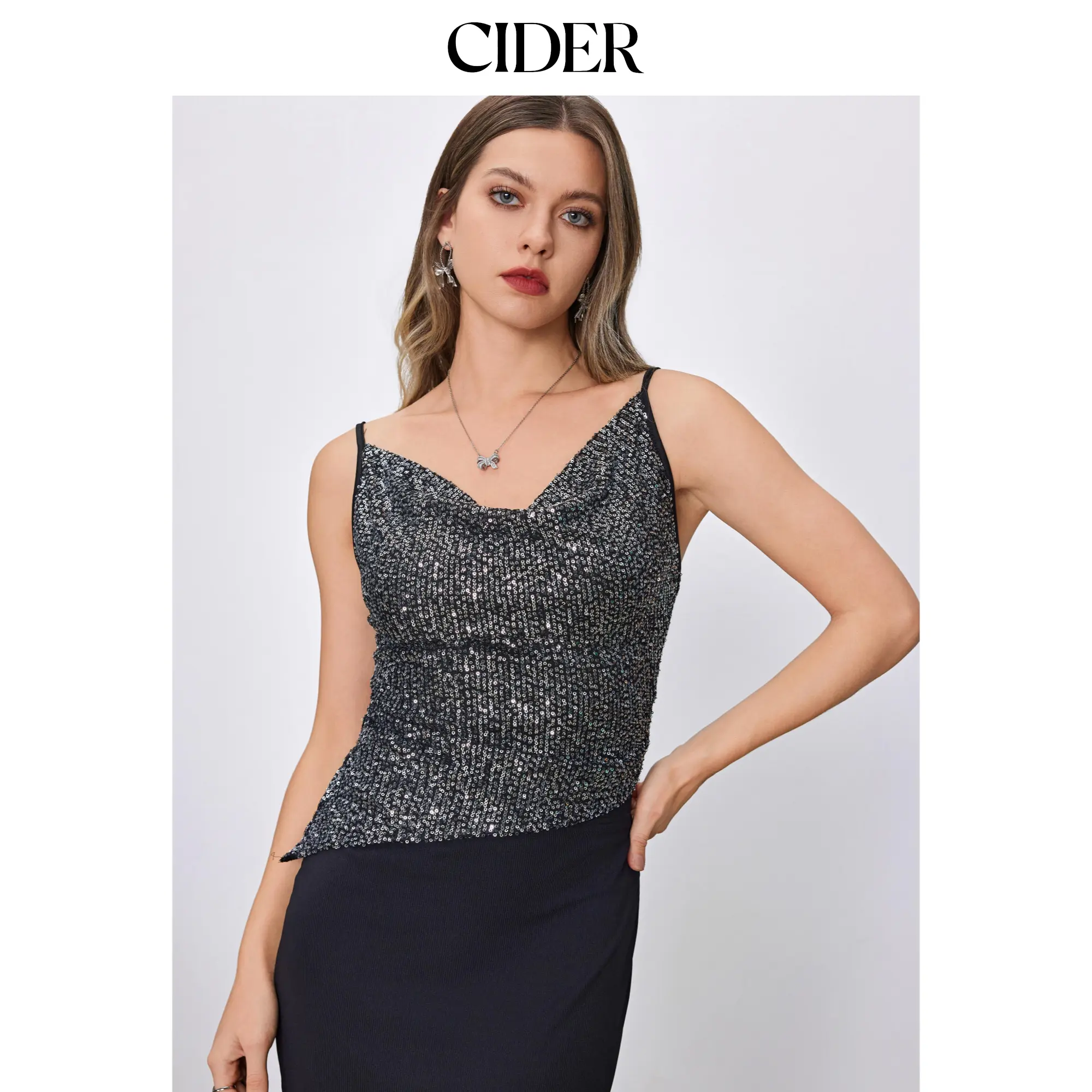 Cider [size 2-26] Sequin Cowl Neck Asymmetrical Hem Cami Top