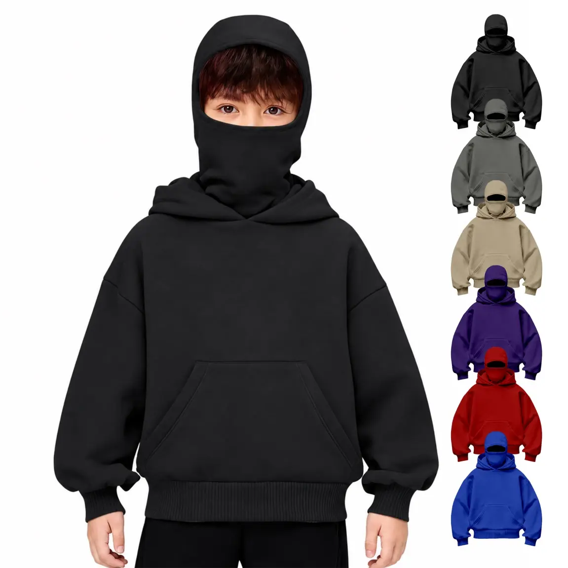 Kids Balaclava Hoodie, Built In Ski Mask Hooded Pullover Sweatshirt With Pockets, Oversized Windproof Style For Boys And Girls, Casual Streetwear And Outdoor Wear