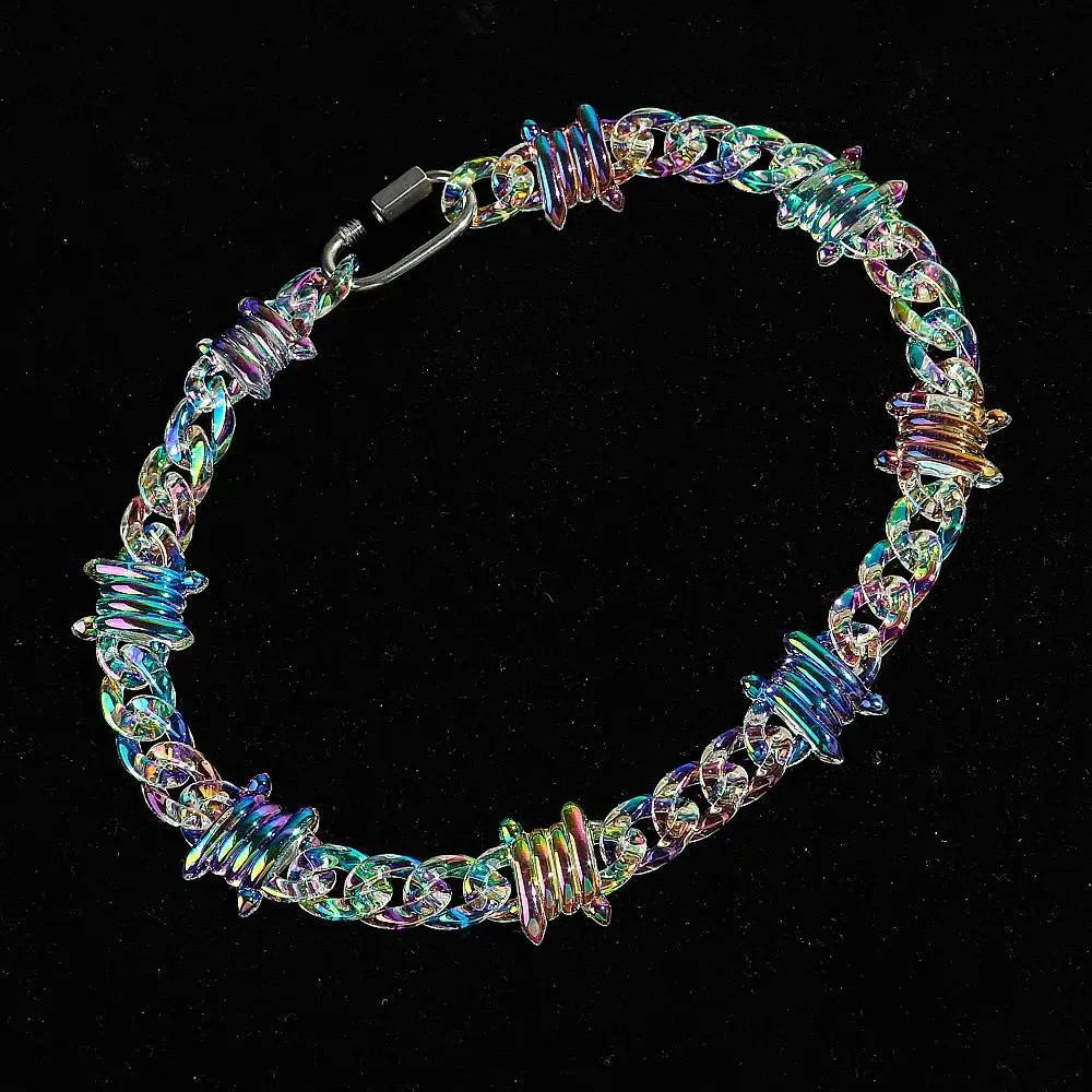 New Punk Iridescent Clear Acrylic Chain Lock Pendant Necklaces for Men Women HipHop Spike Chain Collar Fashion Jewelry Gifts