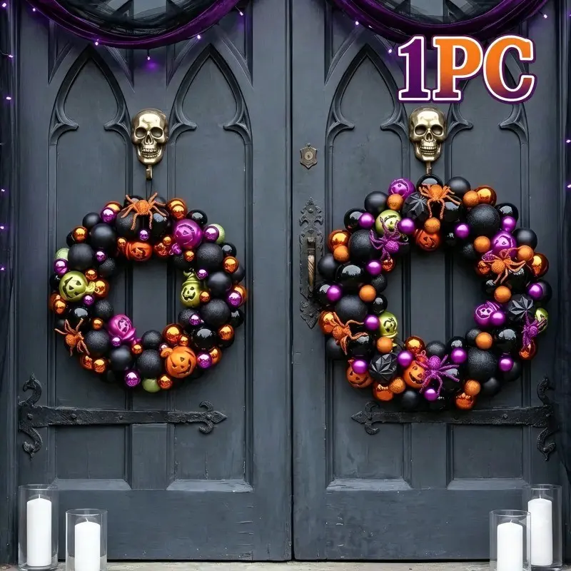 1Pc 2Sizes Halloween Wreath Ball Ornament Door Wreath Spooky Gothic Glam Luxury Aesthetic Electroplated Shiny Matte Baubles Orange Purple Black Spiders Pumpkin Front Door Wall Decor Party