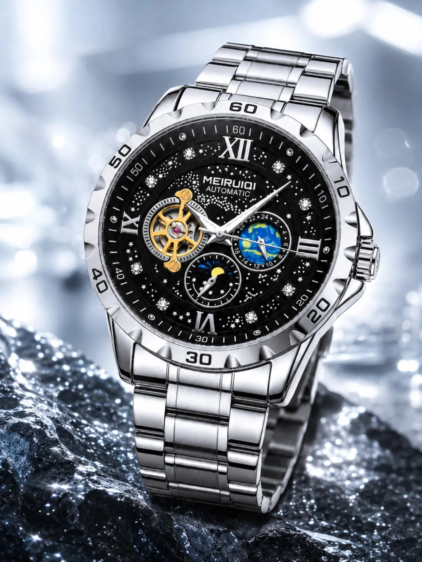 Men's Mechanical Watch with Starry Dial, Stainless Steel Strap, Luminous Hands, Waterproof, Casual Style, Perfect Gift