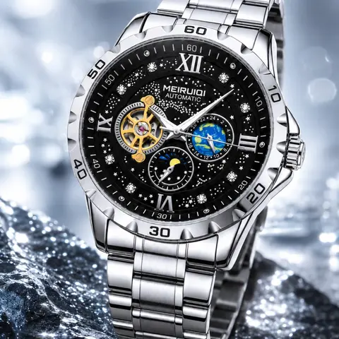 Trendy Men's Quartz Watch, Stainless Steel Band, Diamond-Embedded Dial, Moon Phase & Earth Display, Waterproof, Casual & Formal Wear, Analog Quartz Watches