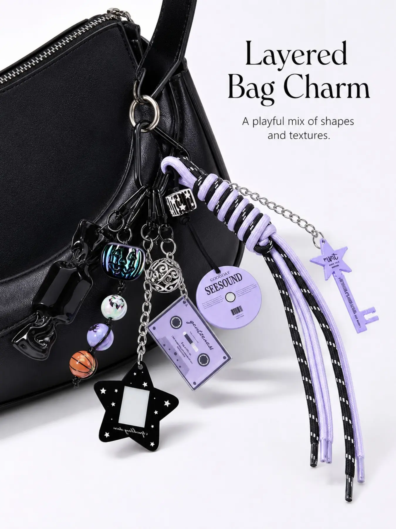 Y2K Goth Grunge Cassette CD Bag Charm, Alt Emo Retro Music Multi Charms Keychain, Two-Tone Braided Paracord Tassel Carabiner with Star Photo Frame, Gloss Candy Resin Basketball Beads Hip Hop Pants Accessory Halloween Gift, Bag Accessories Charms
