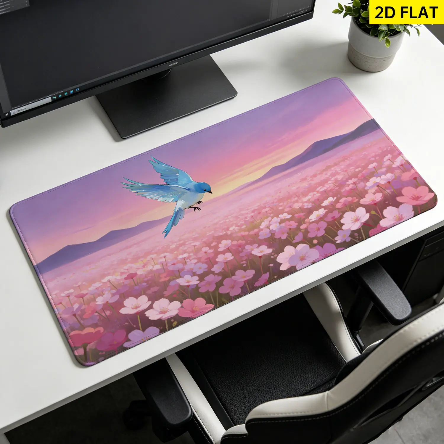 Blue Bird Flying Over Pink Flower Field Large Printed Horizontal Polyester Wall Tapestry - Room Decor, Living Room Wall Hanging, No-Installation Polyester Fabric, Outdoor Use, Gift for Family, Living Room Decor