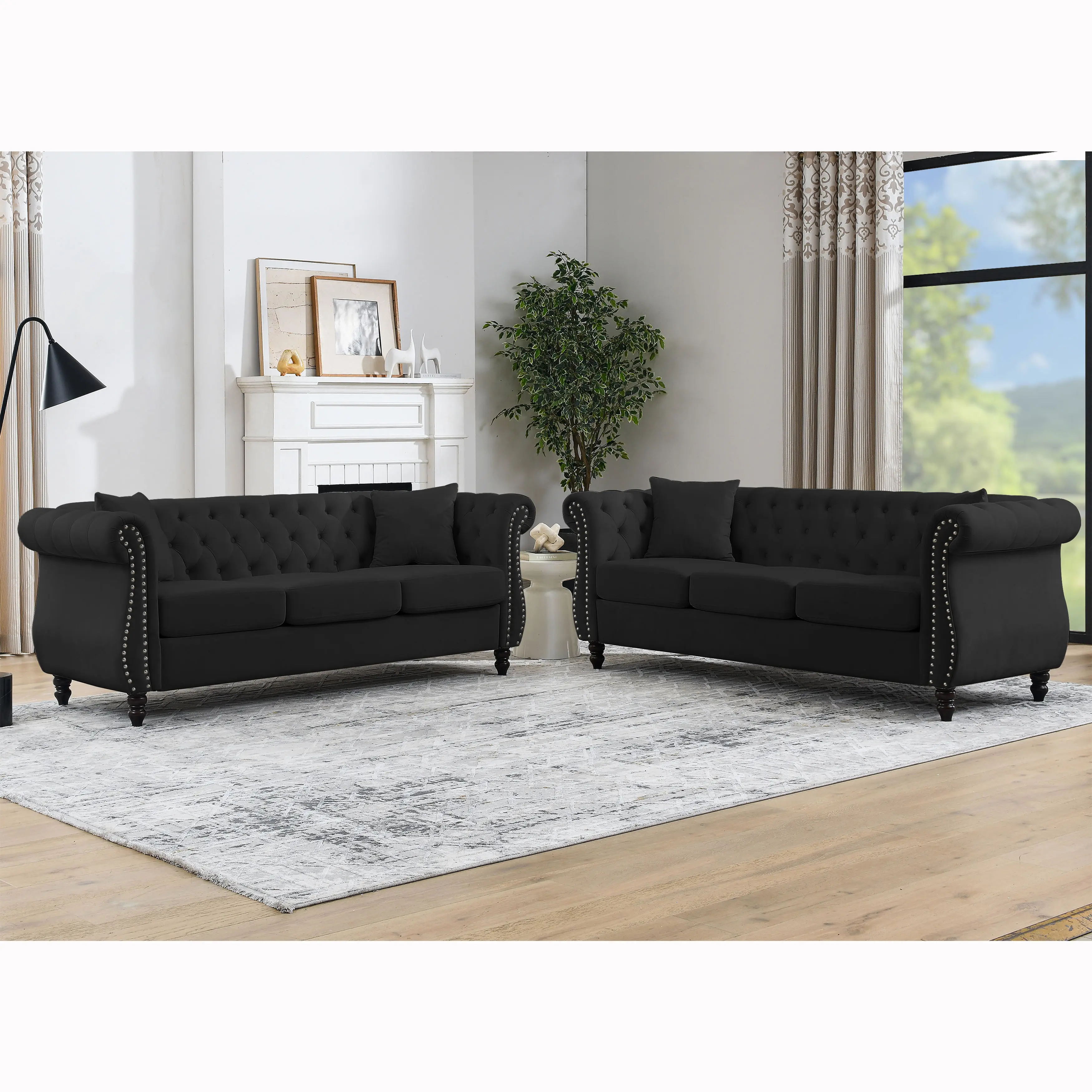 Nokaa 80 Inch Chesterfield Sofa 3 Seater Tufted Couch with Rolled Arms Nailhead Trim Velvet Upholstery Solid Wood Frame Foam Cushions for Living Room Bedroom Office Apartment, Black Color Options