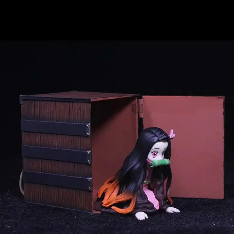 Demon Slayer Nezuko Kamado Anime Figure 9cm, Kneeling Pose with Openable Wooden Box, PVC Desktop Collectible, Colorful Packaging