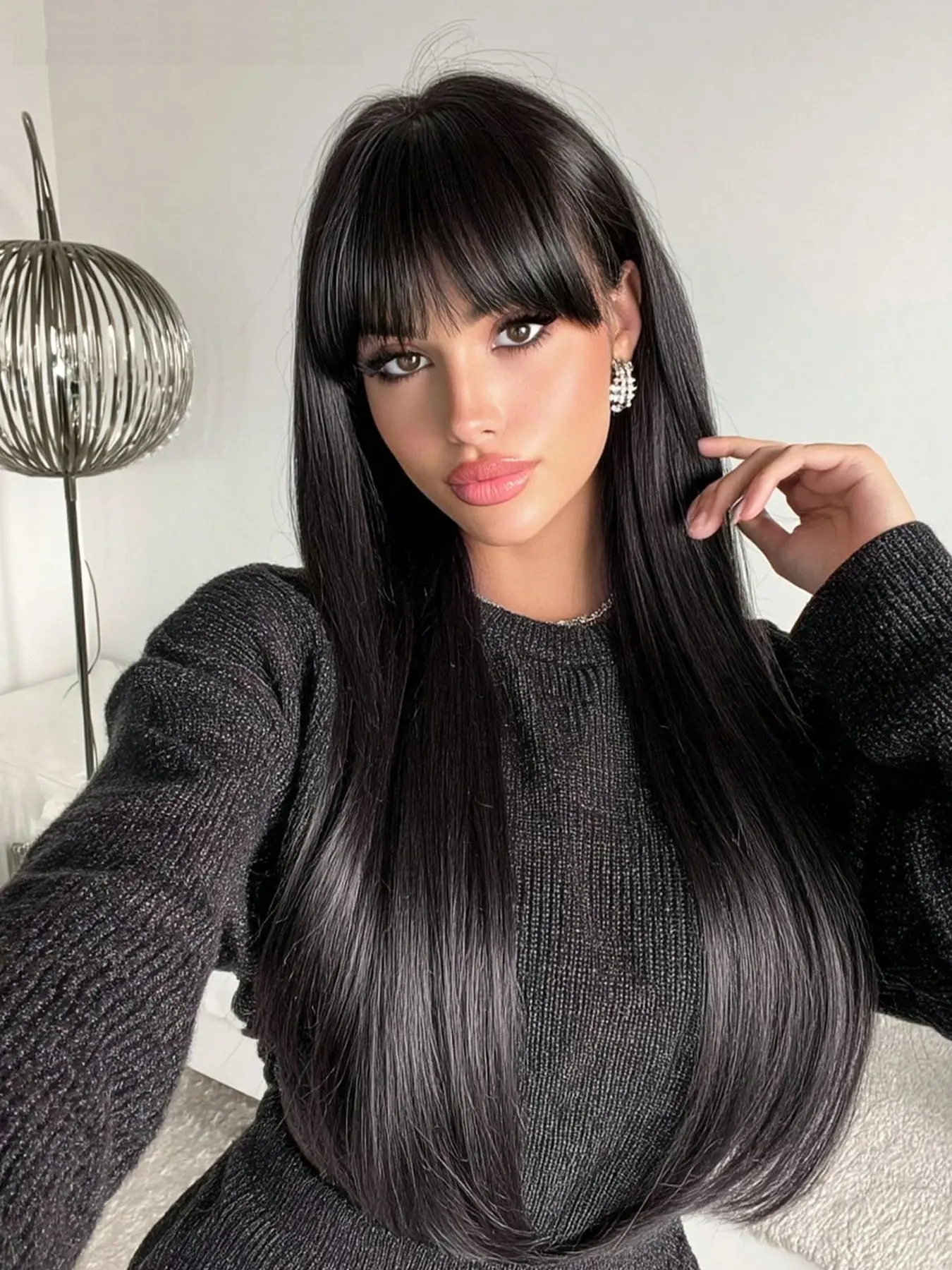 Straight Bangs Wig Synthetic Hair Natural Black Wigs for Women Full Machine Made Rose Net No Lace Glueless Wigs Convenient Wigs Suitable for Daily Wear, Parties, Vacations,Cosplay Wigs