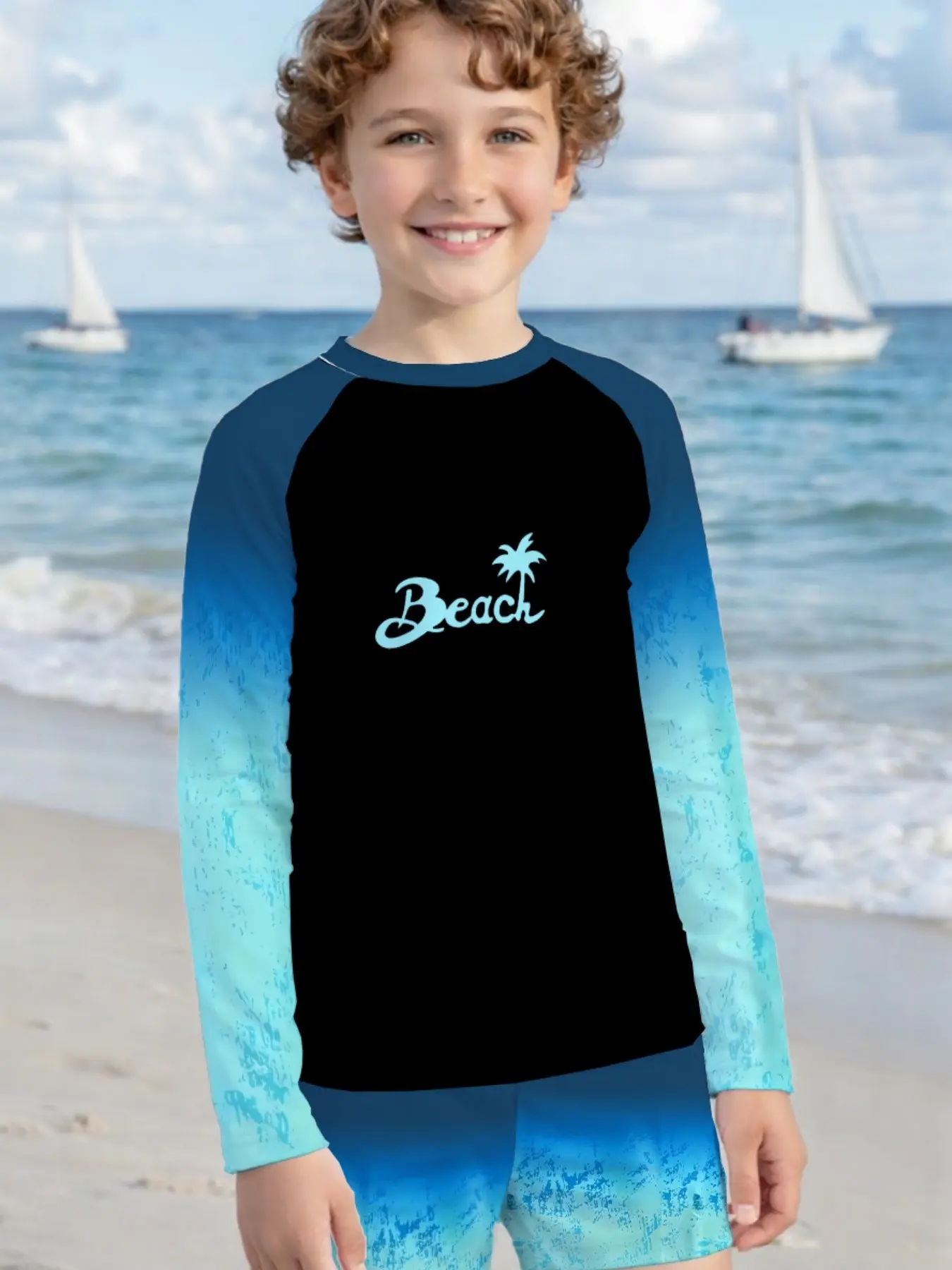 Blue Gradient Beach Coconut Tree Shoulder Long Sleeve Boys' Swimwear Set, Quick-Dry Surfing Suit, Poolside & Water Park Clothing