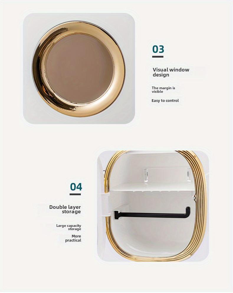 OTEN Large Capacity Double-layer Waterproof Tissue Storage Box Wall Mounted Plastic Roll Paper Holder Non Perforated Design with Storage Compartment Home Goods Installation Golden