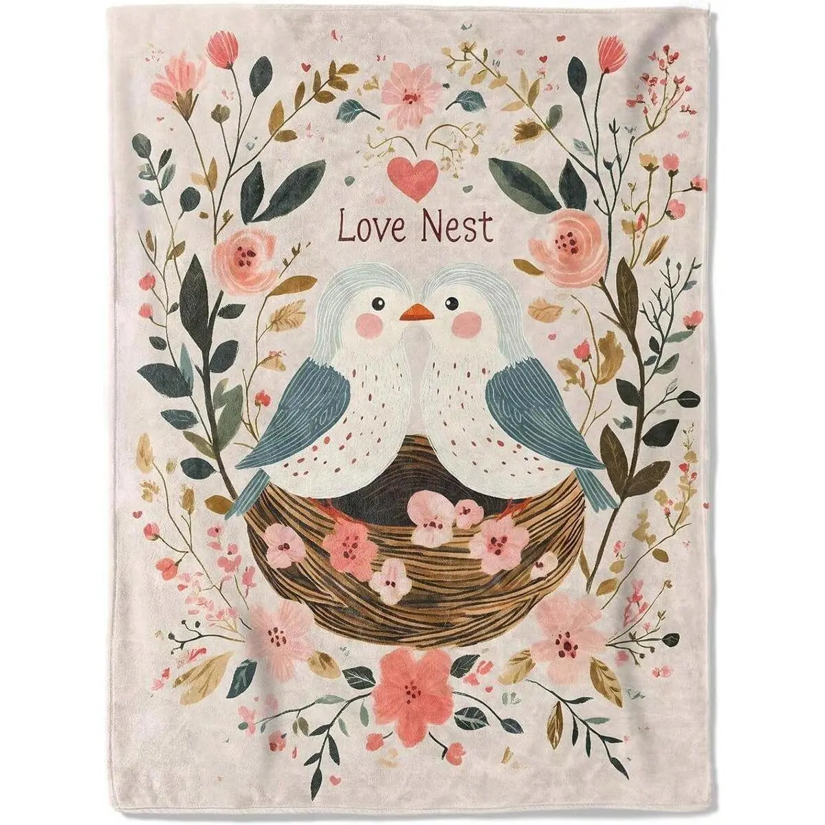 Bird Love Nest Fleece Throw Blanket - Cute 2 Birds Flower Romantic Design, Soft Cozy Lightweight, Ideal for Bed Living Room Decor, Perfect Gift for Women