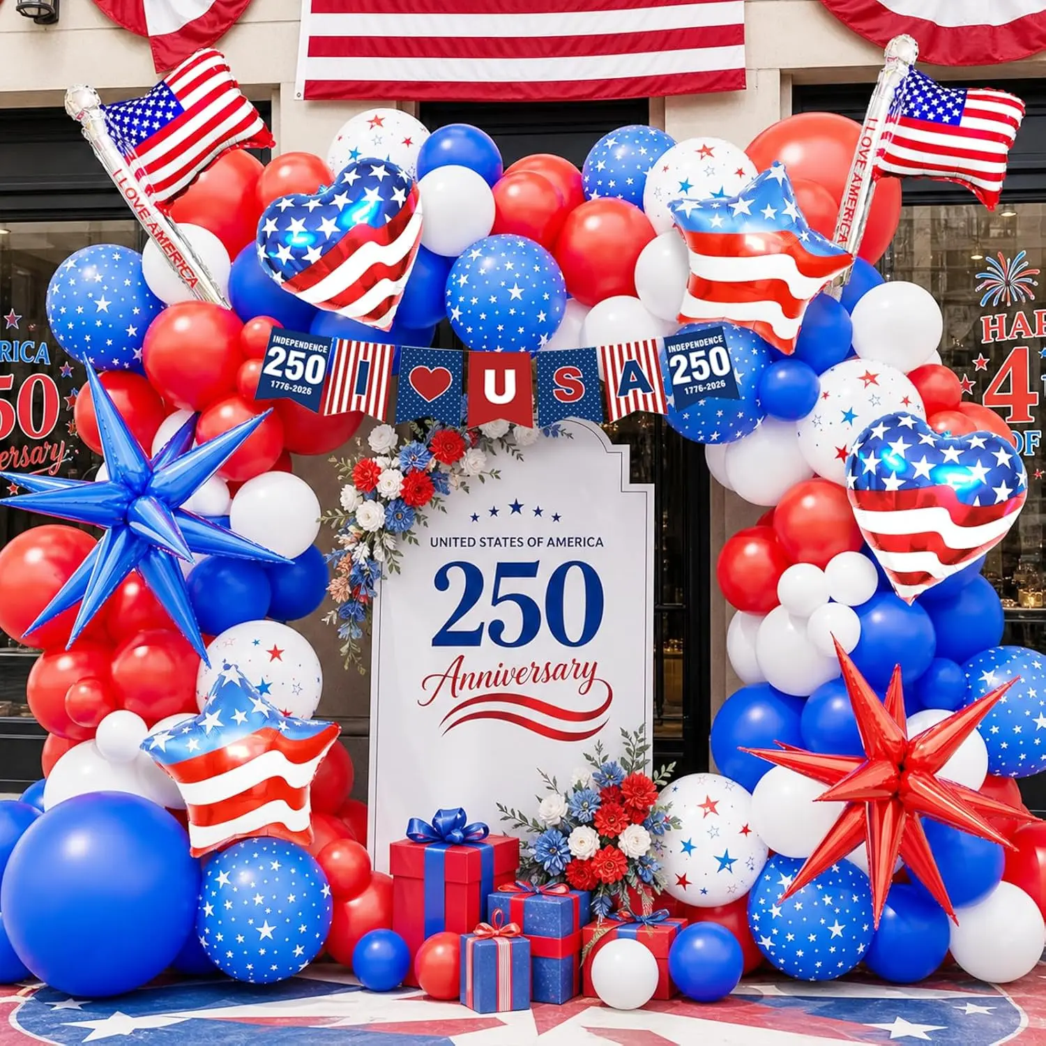 159pcs Red White and Blue Balloon Garland Arch Kit, 4th of July Balloons Patriotic Decorations with Patriotic Foil Balloons, 250th Banner for Nautical Veterans Memorial Day 4th of July Baseball Party