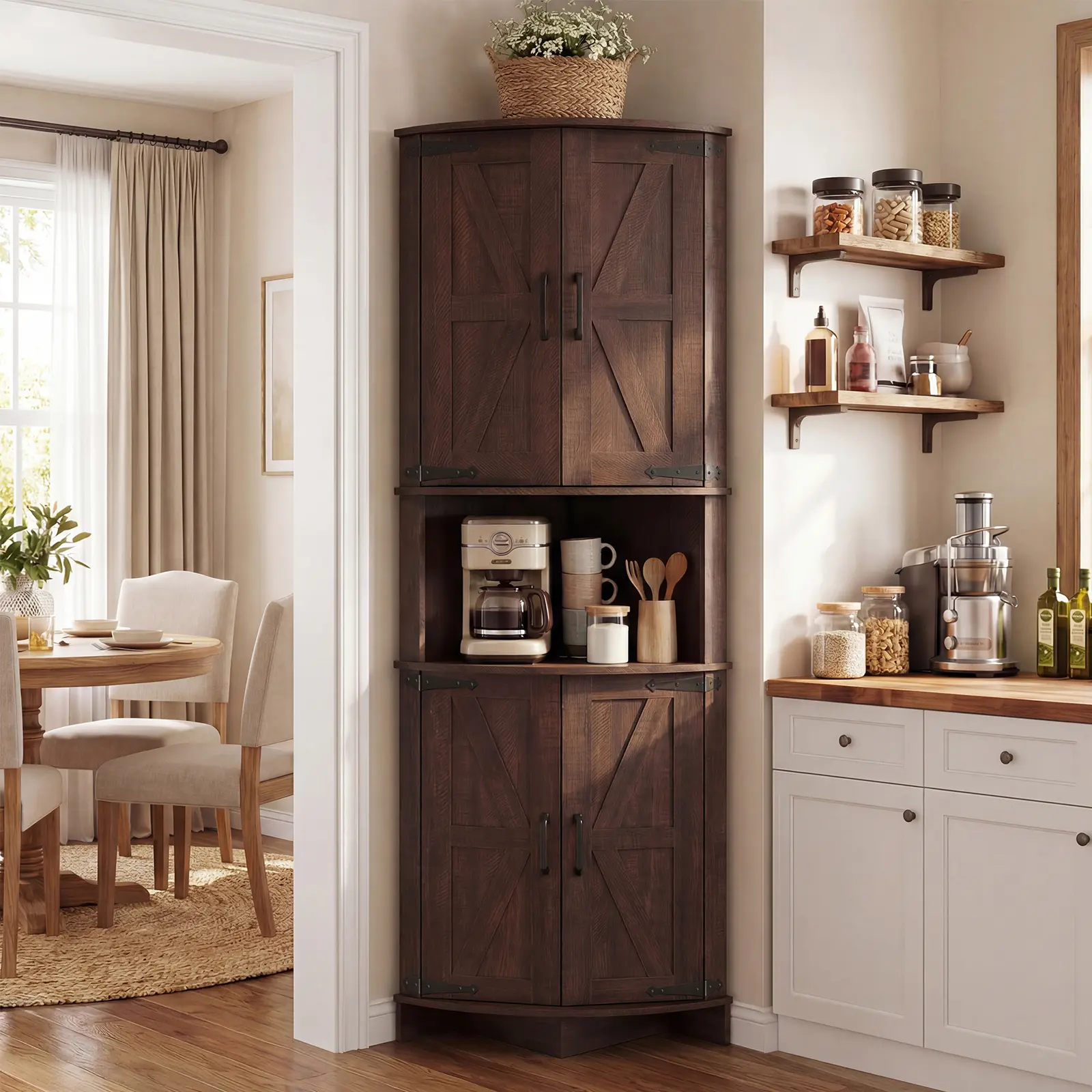 Tall Freestanding Corner Pantry Cabinet with X‑Design Barn Door, Space‑Saving Rustic Storage Cupboard, Multi‑Purpose Organizer for Kitchen, Bathroom and Living Room
