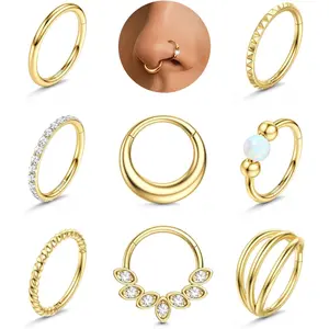 MILACOLATO Septum Nose Rings Hoops - 316L Surgical Steel Septum Rings CZ Opal Silver 14K Plated Gold Hoop Nose Ring for Women 16G/18G Clicker Cartilage Earring Conch Daith Nostril Piercing Jewelry 8mm/10mm 8Pcs