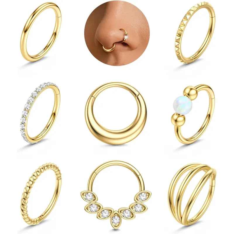 MILACOLATO Septum Nose Rings Hoops - 316L Surgical Steel Septum Rings CZ Opal Silver 14K Plated Gold Hoop Nose Ring for Women 16G/18G Clicker Cartilage Earring Conch Daith Nostril Piercing Jewelry 8mm/10mm 8Pcs