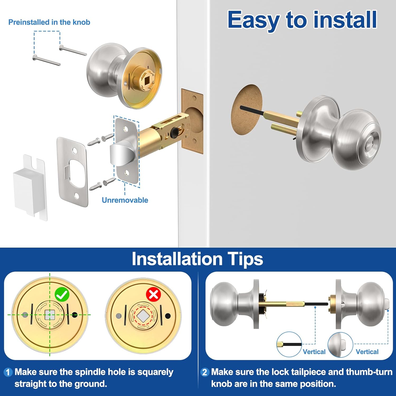 Door Knob, Brushed Nickel Door Knobs Interior Keyless Locks Set(6 Pack), Bedroom Bathroom Door Knob with Lock, Reversible for Left/Right Door Handle