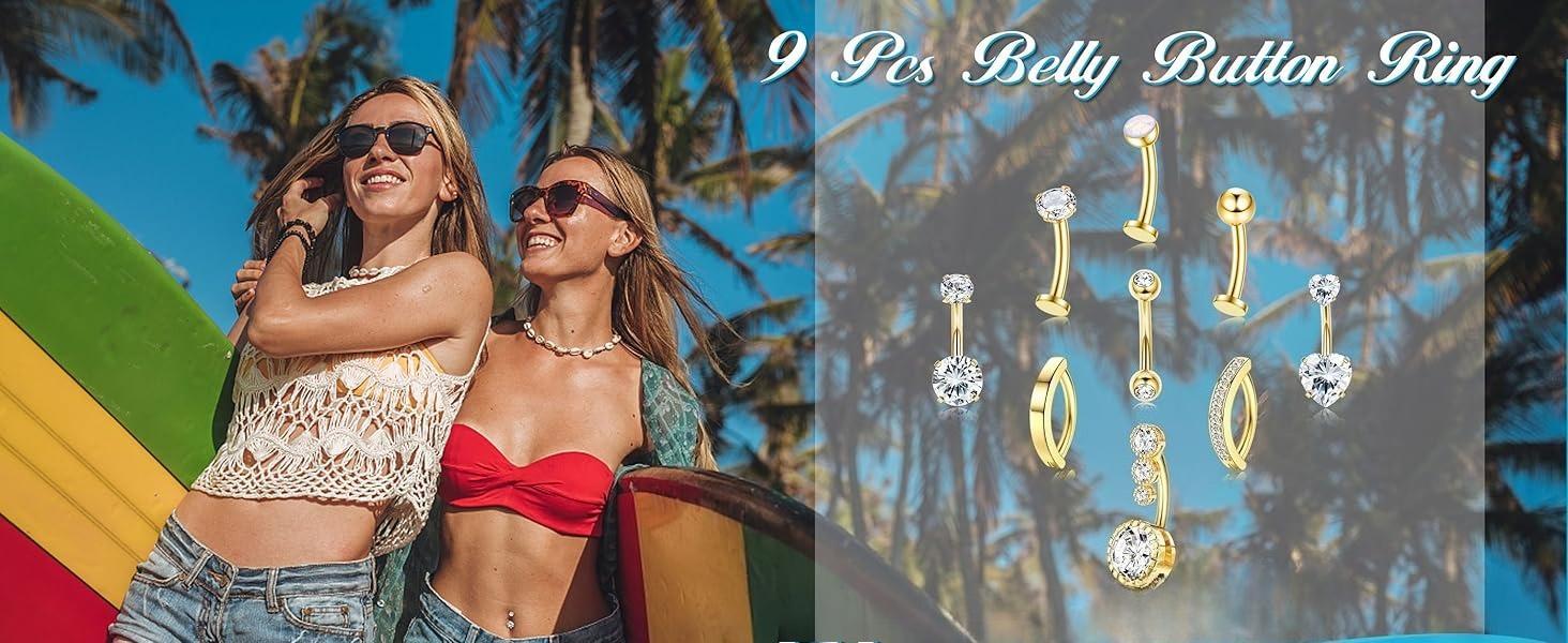 YADOCA 9 Pcs Gold Belly Button Ring - Surgical Stainless Steel Floating CZ Opal Heart Clicker Belly Piercings for Women Navel Belly Piercings Jewelry Pack Silver/Gold
